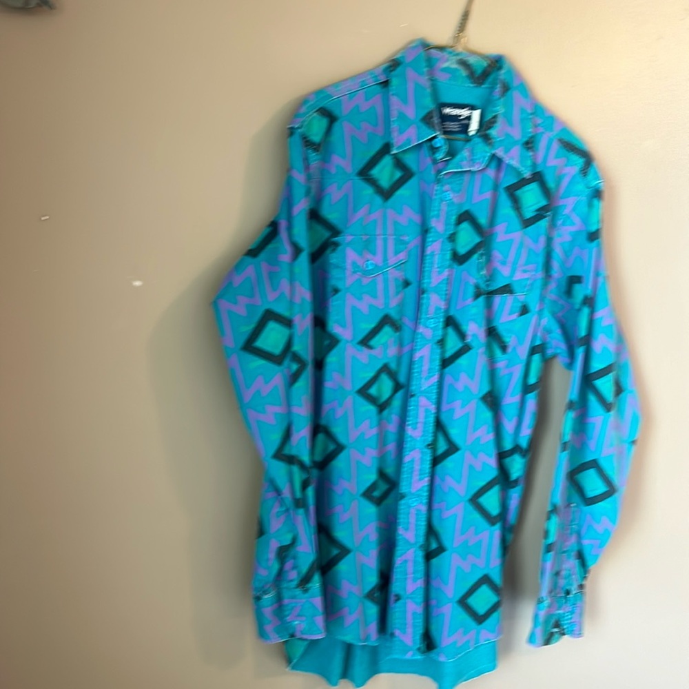 Vintage Wrangler L/S Aztec  Brushpopper Western  Cowboy Shirt. Size 16 1/2 x 35